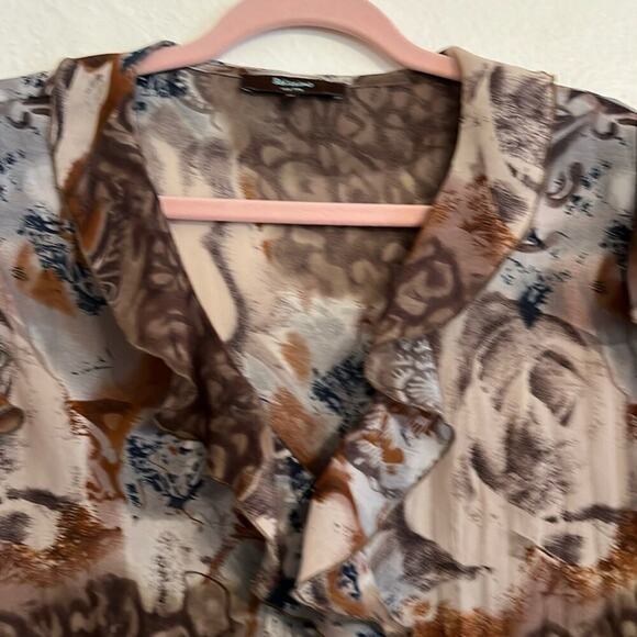 Belissimo M Fairy Sheer Ruffle Peplum Flutter Sleeve Neutral Floral Blouse Top - Picture 5 of 7